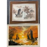 Two framed watercolours and a framed pastel, largest 64cm x 54cm.