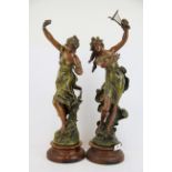 A pair of 19th century French Art Nouveau painted spelter figures after Louis Moreau, 'Charmeuse'