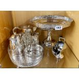 A large silver plated comport with a silver plated tray and other items.