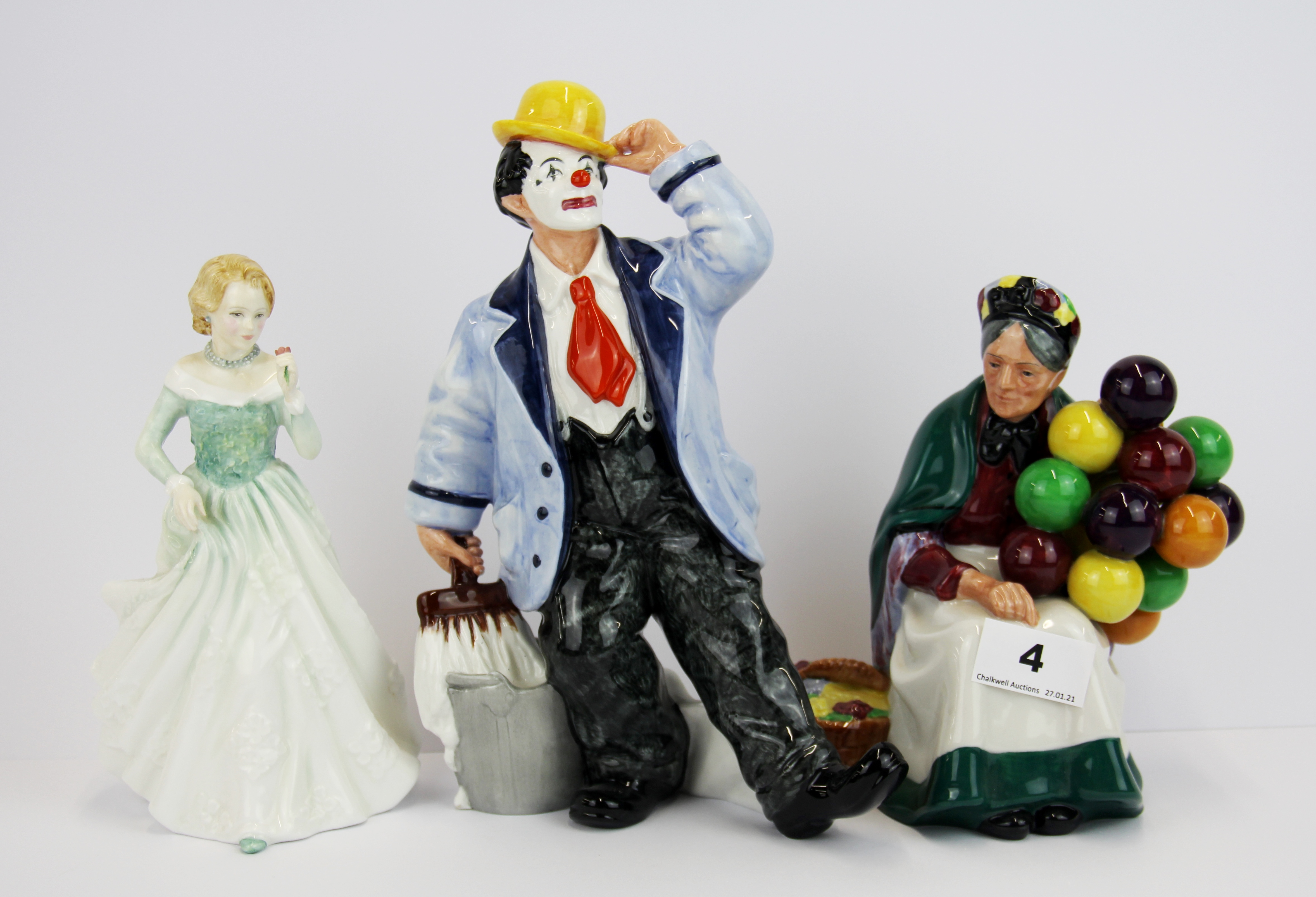 Three Royal Doulton porcelain figurines, Grace HN3699, Slapdash HN2277, Old balloon seller, HN1315.