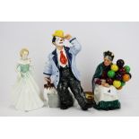 Three Royal Doulton porcelain figurines, Grace HN3699, Slapdash HN2277, Old balloon seller, HN1315.