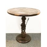 An African carved hardwood tribal table, H. 43cm, Dia. 42cm. (Some restoration)