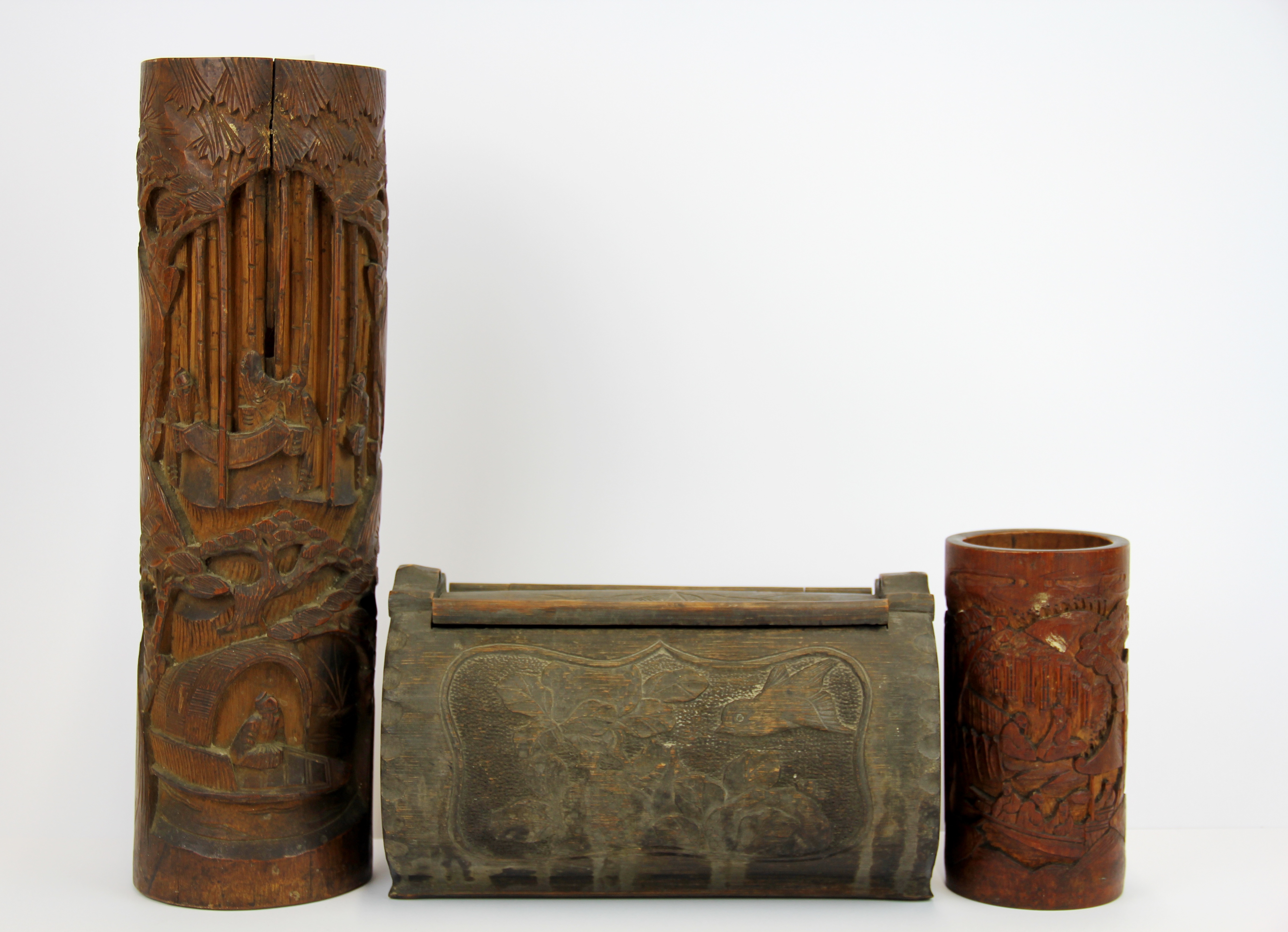 Three early twentieth century Chinese carved bamboo items, tallest 33cm.