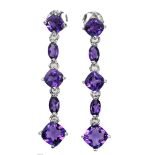 A pair of 925 silver drop earrings set with cushion cut amethyst and white stones, L. 3.9cm.