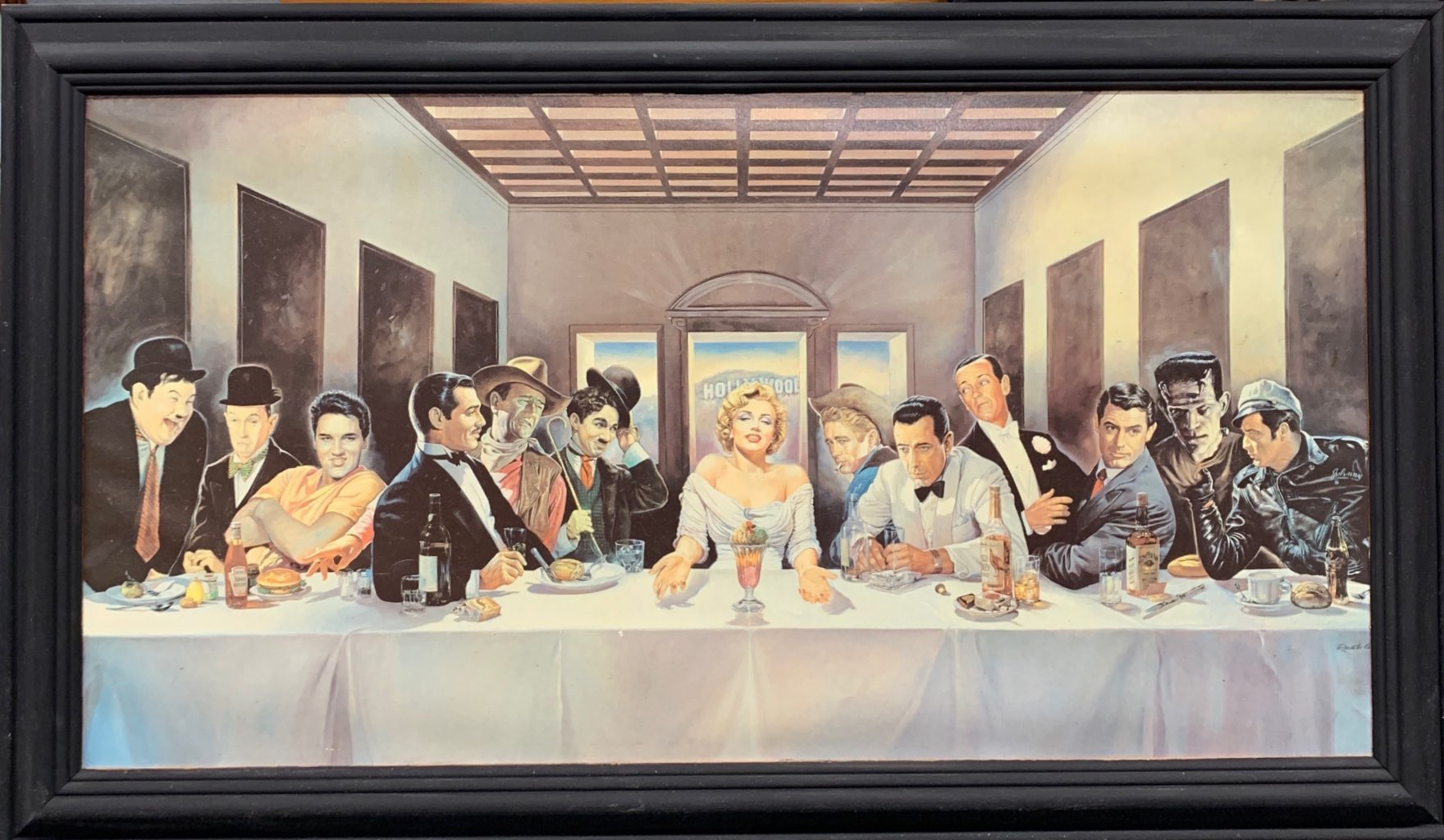 A pine framed print of Marilyn Monroe's 'last supper', 103cm x 59cm.