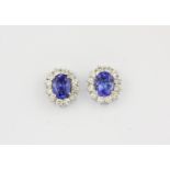 A pair of 18ct white gold (stamped 750) cluster earrings set with oval cut tanzanites, L. 1.3cm.