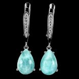 A pair of 925 silver drop earrings set with pear cabochon cut larimar and white stones, L. 2.6cm.