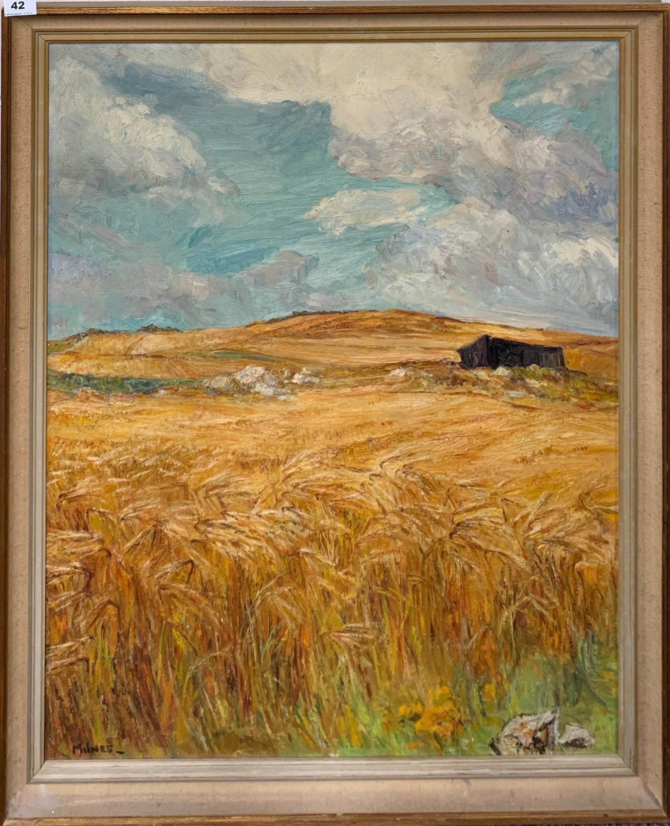 A large framed oil on board, entitled 'On the island before harvest' by Sibyl Milnes, 80cm x 101cm.