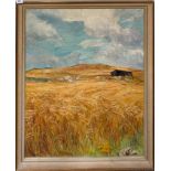 A large framed oil on board, entitled 'On the island before harvest' by Sibyl Milnes, 80cm x 101cm.