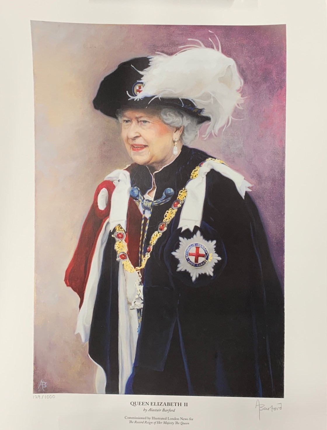 An unframed pencil signed limited edition 129/1000 portrait print of H.M Queen Elizabeth II by