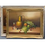 Two framed still life oils on canvas, largest 84cm x 59cm.