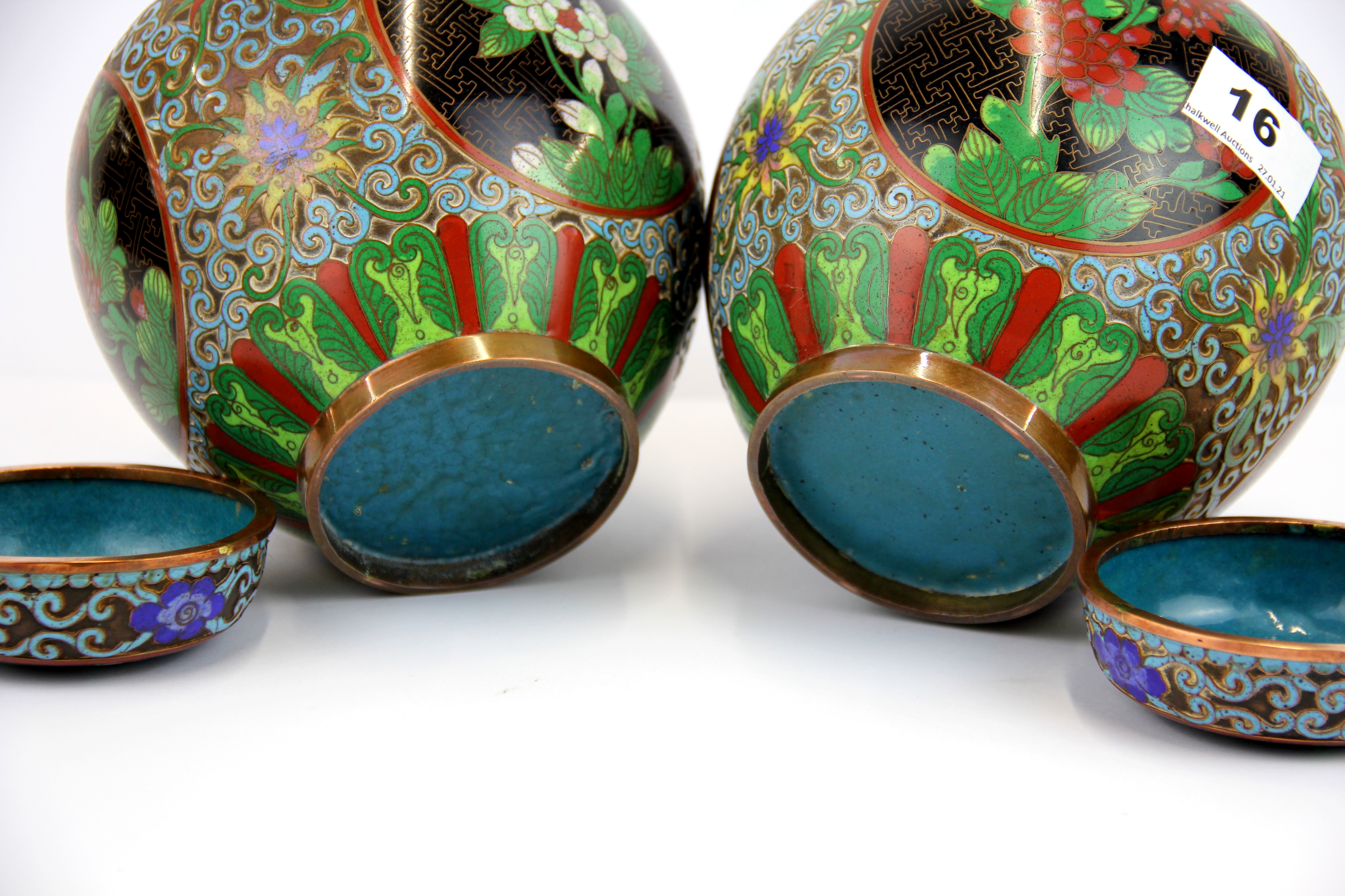 A pair of mid-20th century Chinese cloisonne on copper jars and lids, H. 17cm. - Image 2 of 2