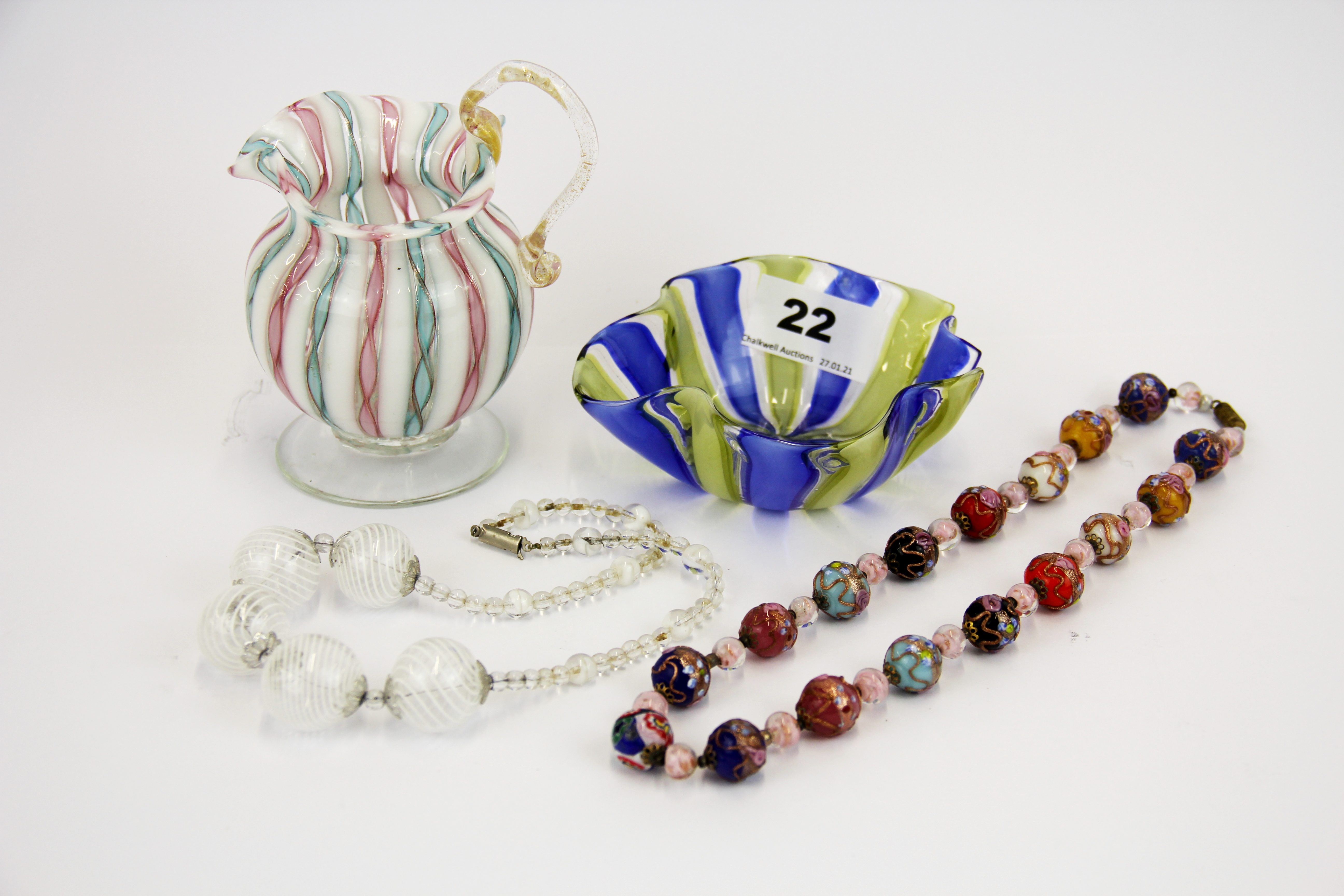 A group of lovely Venetian glass items, jug H. 12cm.