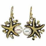 A pair of 925 silver gilt starfish shaped drop earrings set with pearl and fancy coloured sapphires,