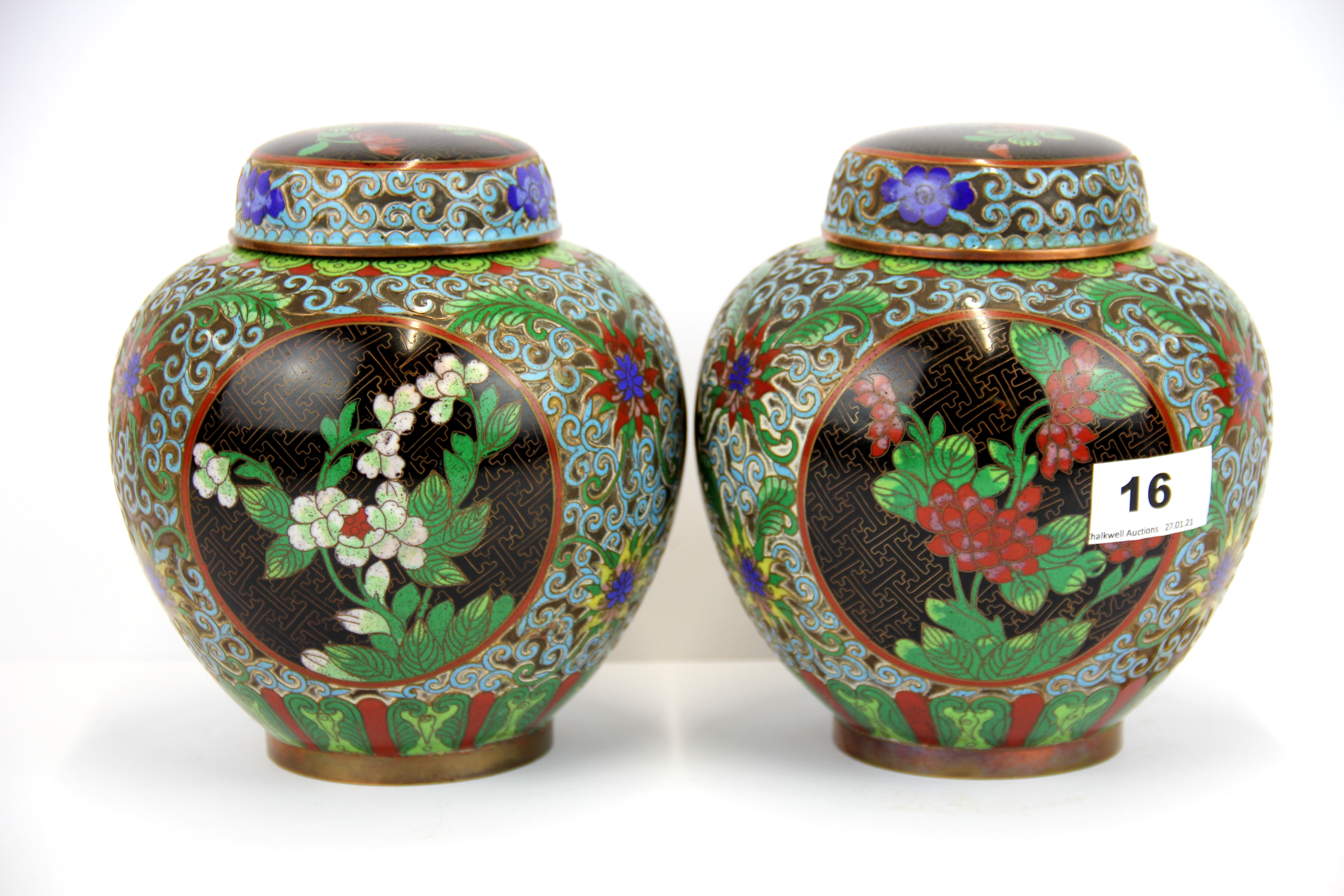 A pair of mid-20th century Chinese cloisonne on copper jars and lids, H. 17cm.