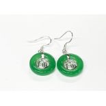 A pair of rhodium plated silver and jade drop earrings, jade dia. 18mm.