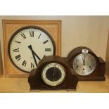 Two mid-20th century mantel clocks and a pine framed wall clock with battery movement.