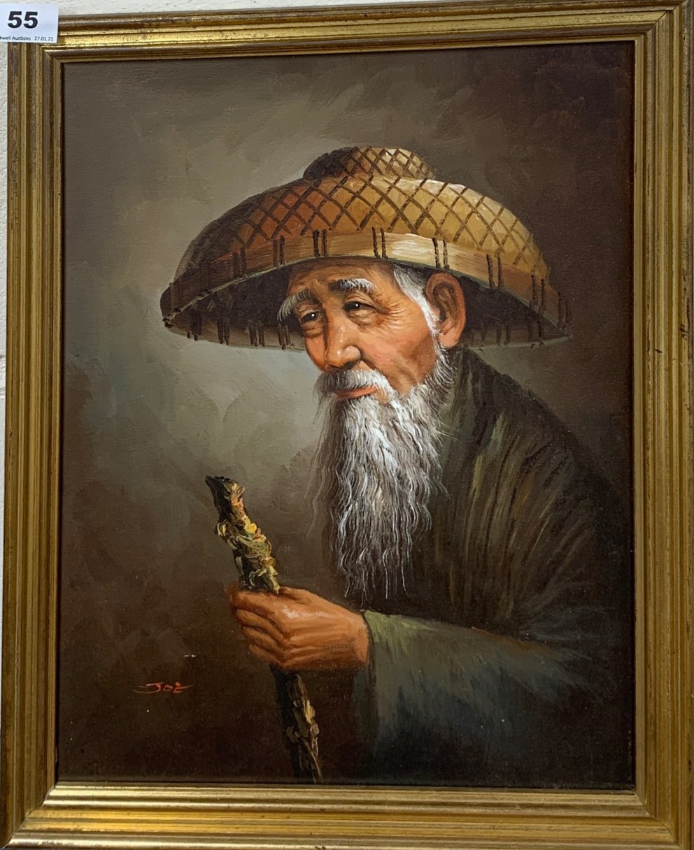 A gilt framed oriental oil on canvas signed JOE, frame size 35cm x 45cm.