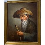 A gilt framed oriental oil on canvas signed JOE, frame size 35cm x 45cm.