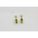 A pair of 9ct yellow gold drop earrings set with marquise cut peridot, L. 1.9cm.