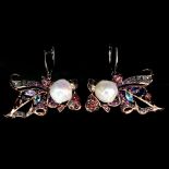 A pair of 925 silver rose gold gilt fish shaped earrings set with pearls, amethyst, garnet, topaz