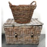 A vintage cane laundry basket, 75 x 46x 46cm. together with a further basket.