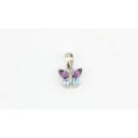 An 18ct white gold butterfly shaped pendant set with amethyst and blue topaz, L. 1.3cm.