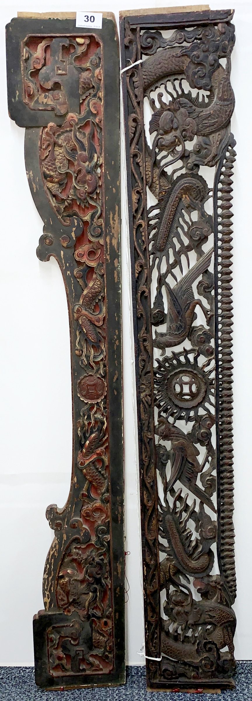 Two 19th century Chinese carved wooden panels, 120cm x 18cm. - Image 2 of 2