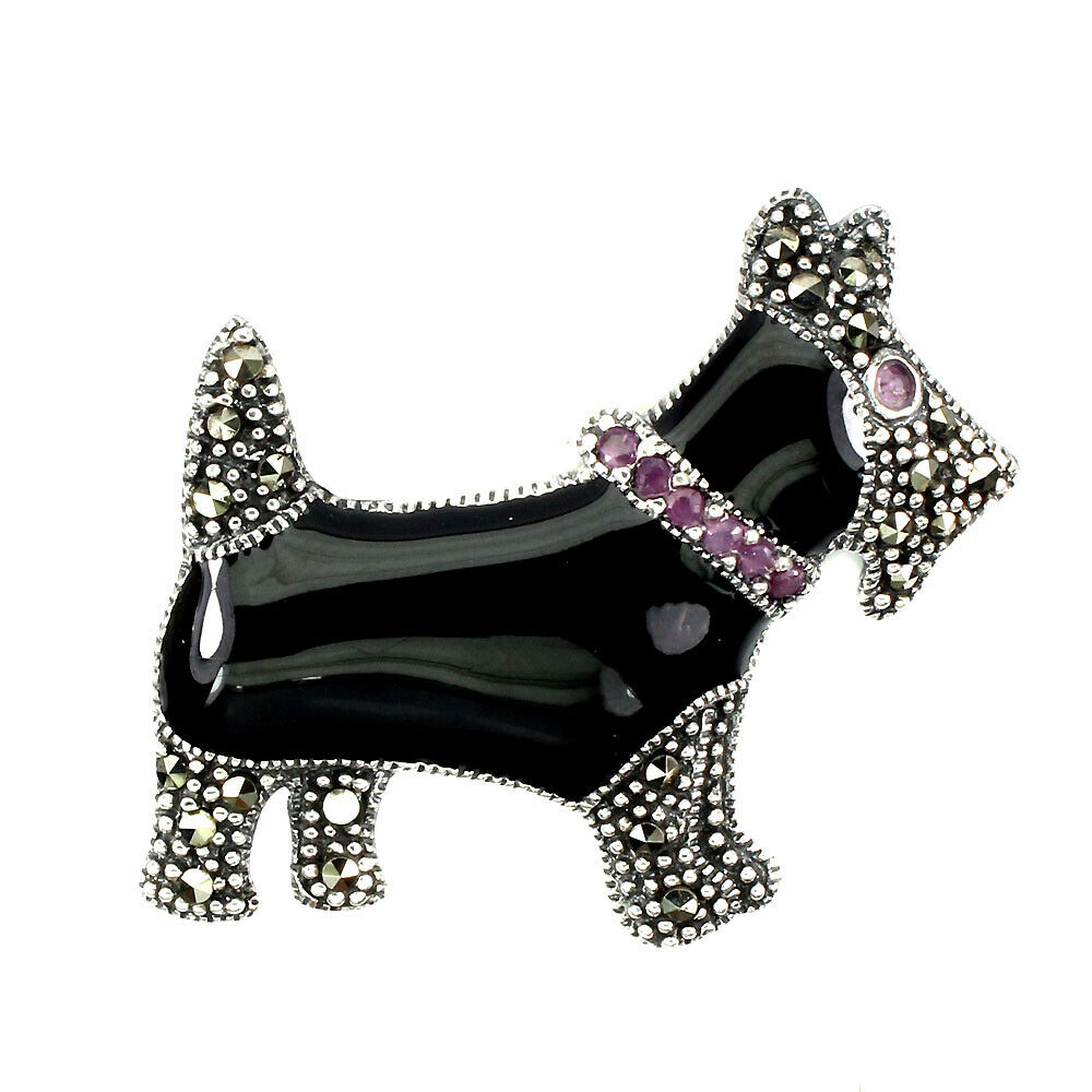 A 925 silver enamelled marcasite and ruby set terrier shaped brooch, L. 3.5cm.