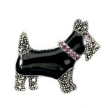 A 925 silver enamelled marcasite and ruby set terrier shaped brooch, L. 3.5cm.