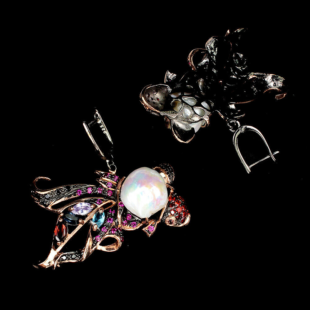 A pair of 925 silver rose gold gilt fish shaped earrings set with pearls, amethyst, garnet, topaz - Image 2 of 2