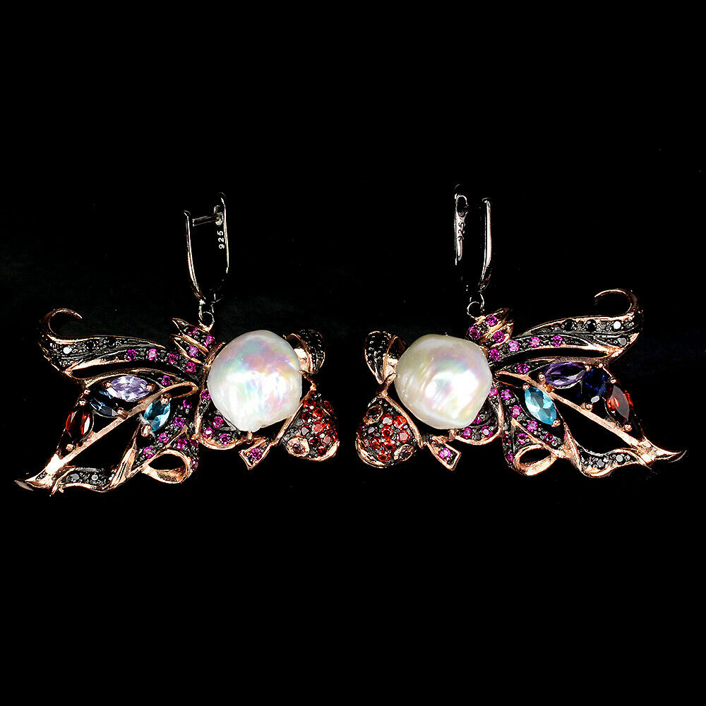 A pair of 925 silver rose gold gilt fish shaped earrings set with pearls, amethyst, garnet, topaz