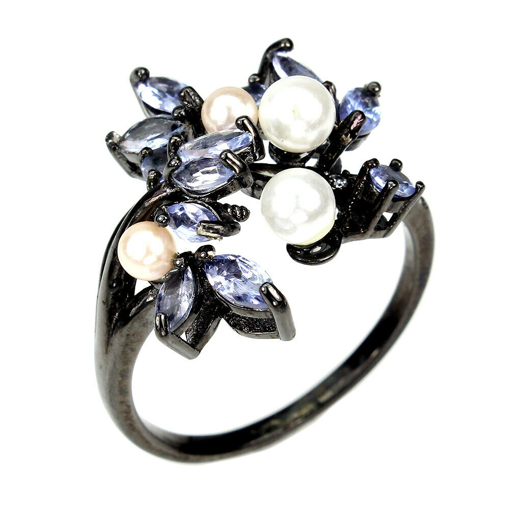 A 925 silver ring set with marquise cut tanzanites and pearls, (Q). - Image 2 of 2