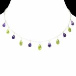 A 925 silver necklace set with briolette cut amethyst and peridots.