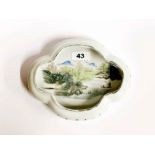 A mid-20th C Chinese porcelain brush washing bowl hand painted with a river scene, W. 21cm, H. 4cm.