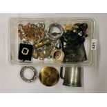 A box of costume jewellery and other items.