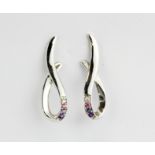 A pair of 9ct white gold earrings set with diamond, tourmaline, tanzanite and amethyst, L. 2.7cm.