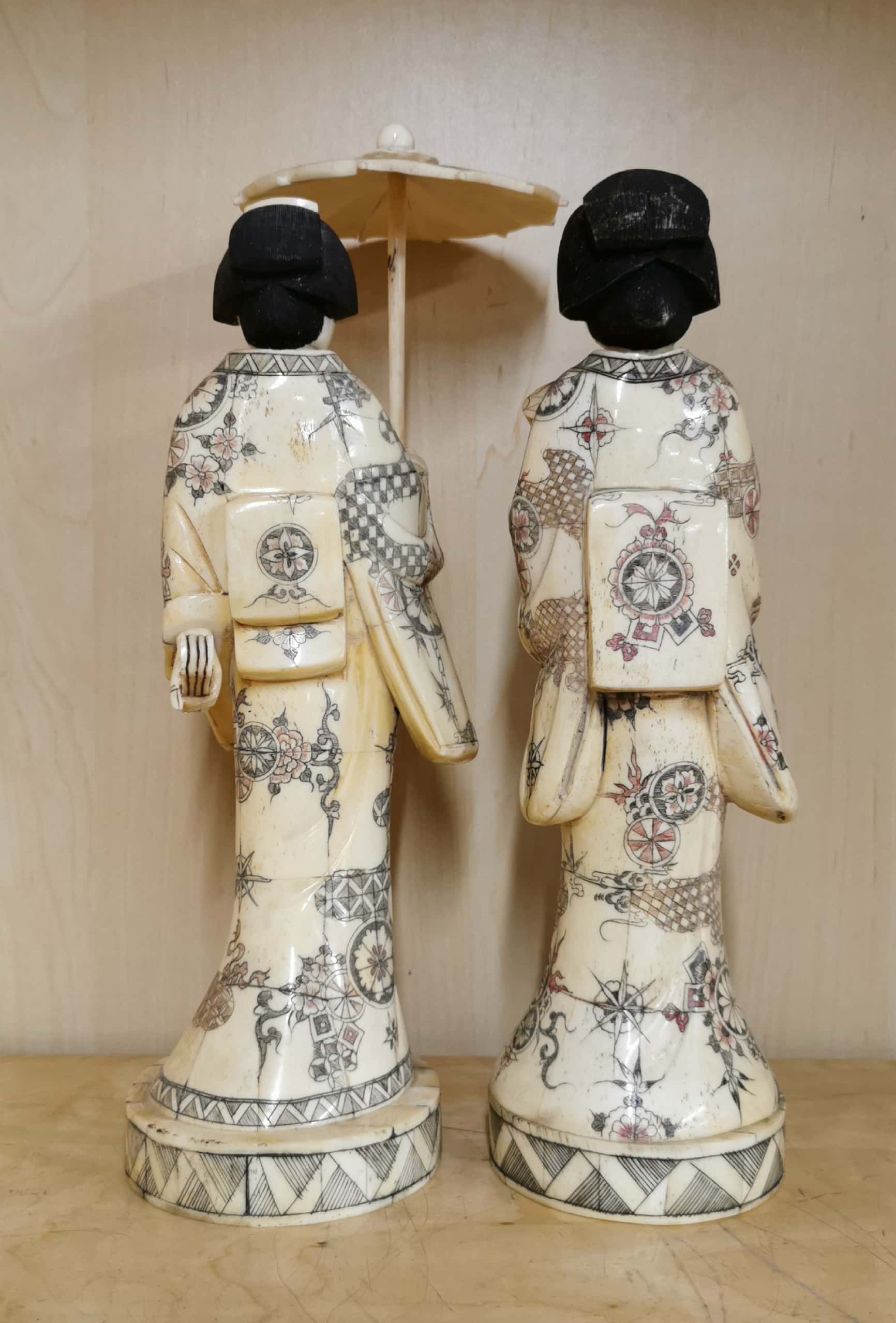 A pair of Japanese carved bone figures of Geisha, H. 32cm. - Image 2 of 3