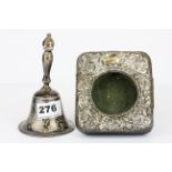 A heavy hallmarked silver dinner bell and a hallmarked silver pocket watch frame, bell H. 13 cm,