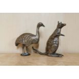 Two 19th C silver plated brass/bronze figures of a kangaroo and an emu, H. 10cm.