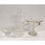 A fine early 19th C cut glass bon bon dish, H. 15cm together with a cut glass decanter and bowl.