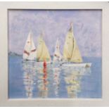 A framed oil on canvas of yachts entitled 'Rounding the marker' by Mike Bateman, framed size 57cm