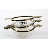 Three hallmarked silver and cut glass bowls, bowl Dia. 10cm handle to handle length 17cm.