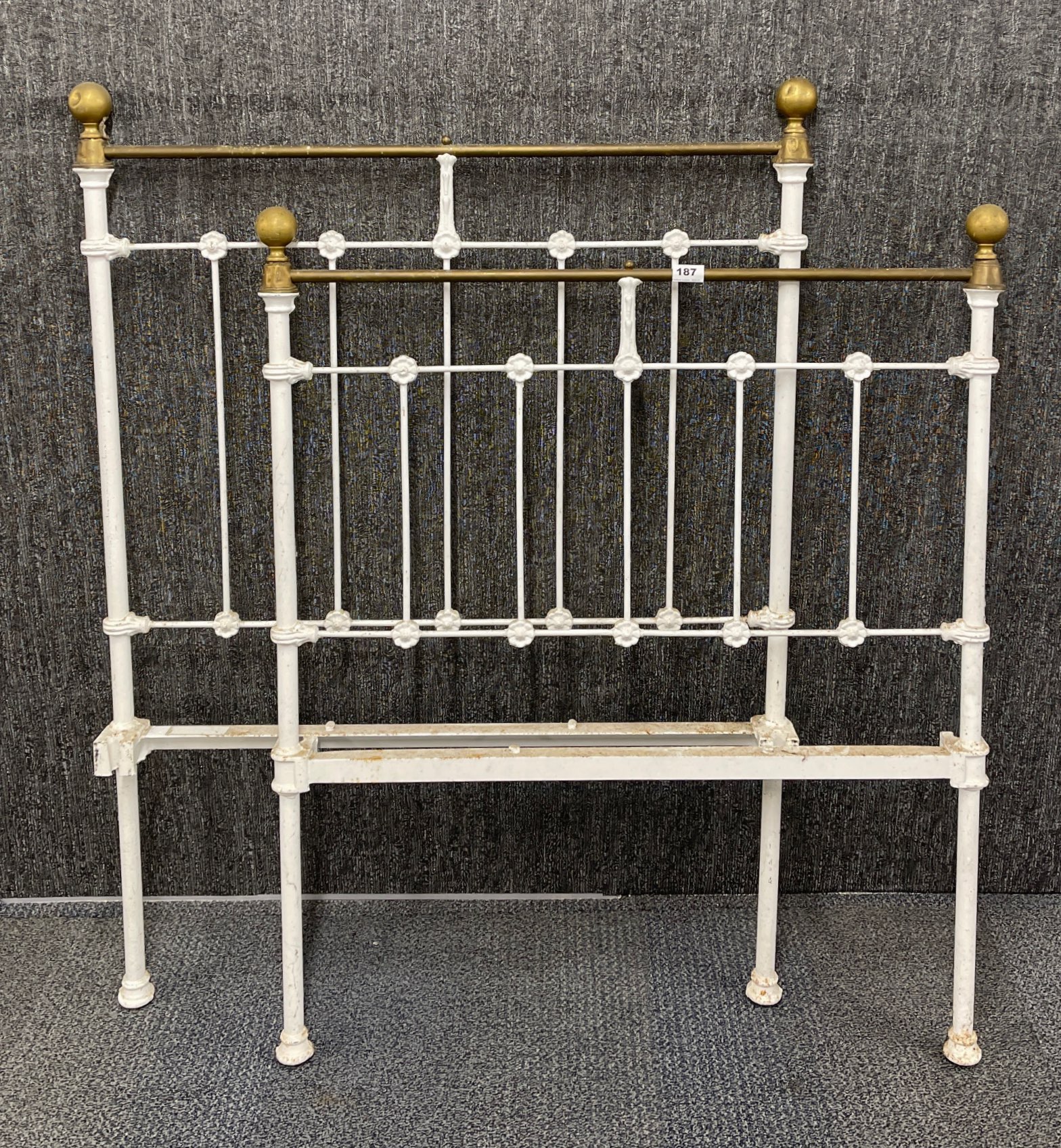 A Victorian cast iron and brass single bed with irons and sprung frame, W. 89cm.