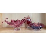 A large Murano style glass centre piece and two other items, W. 45cm.
