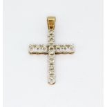 A 9ct yellow gold diamond set cross pendant, L. 3cm.