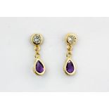 A pair of 9ct yellow gold drop earrings set with white stones and pear cut amethysts, L. 1.6cm.