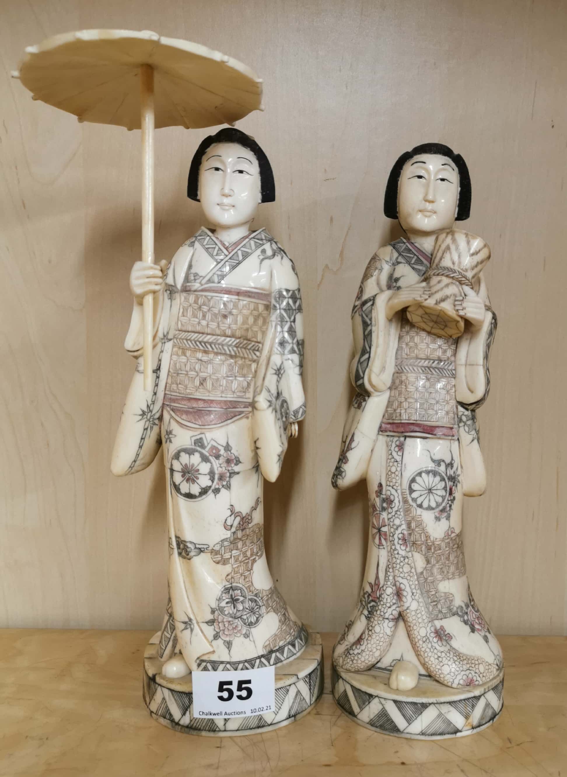A pair of Japanese carved bone figures of Geisha, H. 32cm.