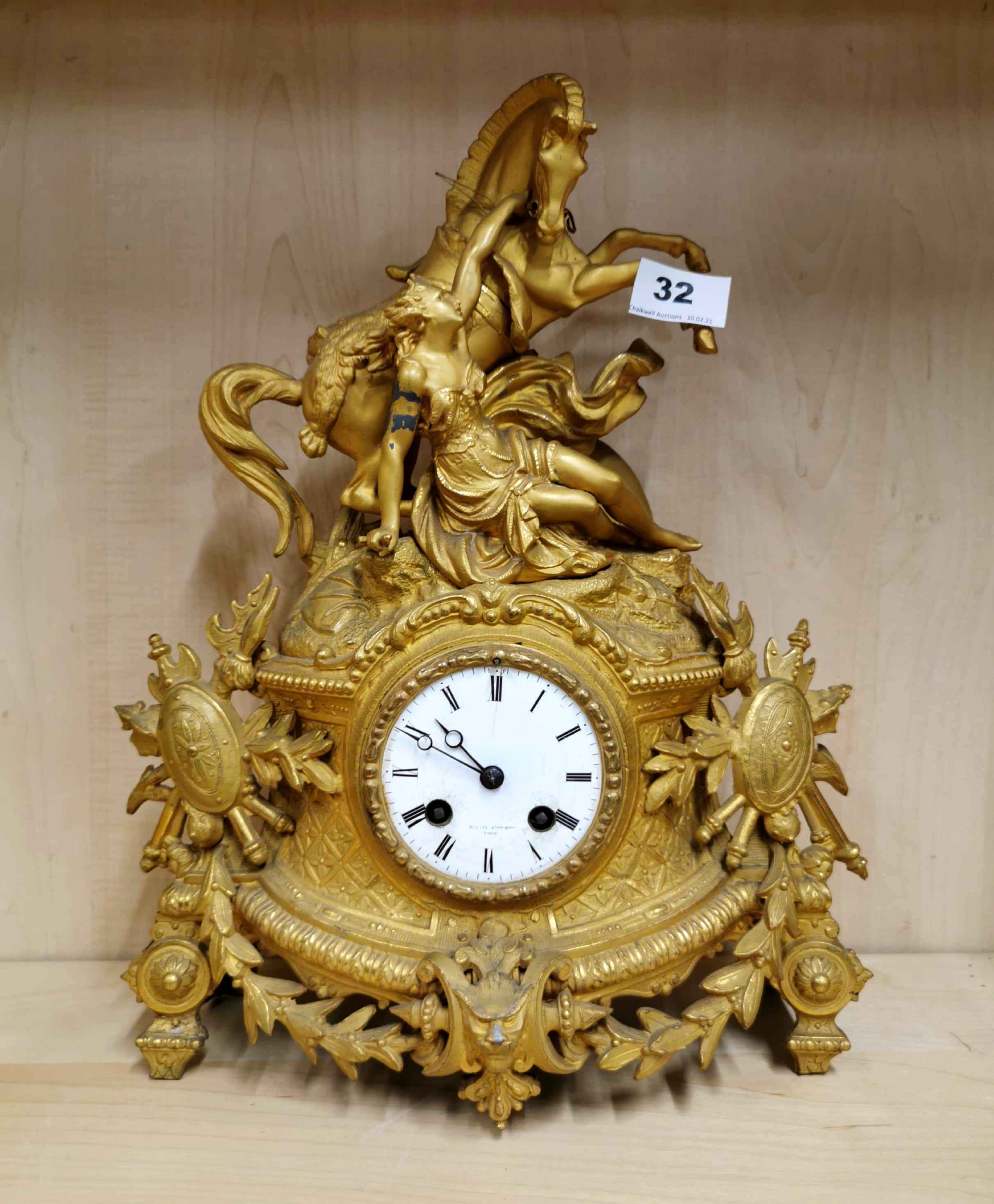 A 19th C French gilt spelter mantel clock, H. 38cm.