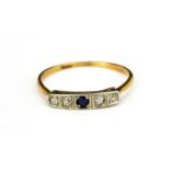 An early 20th century 18ct yellow gold sapphire and diamond set ring, (T).
